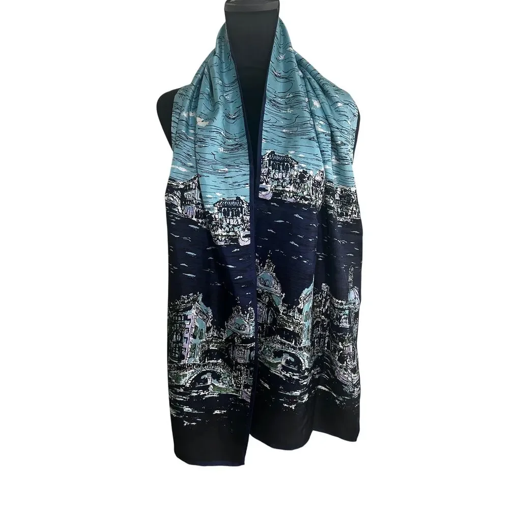 Talbots Silk Scarf Blue Venice Italy Canal Scenic Print 49x31 Oversized Luxury